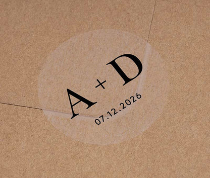 Clear wedding envelope stickers with personalized initials and date printed in black