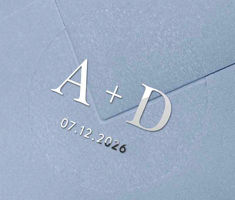 Clear wedding envelope stickers with personalized silver foil initials and date