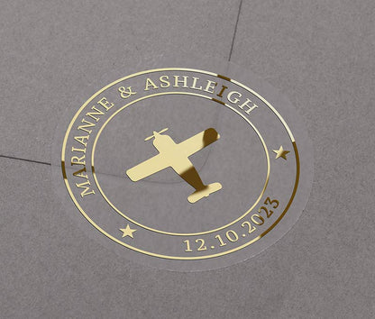 Personalizētas kāzu aplokšņu uzlīmes ar lidmašīnas attēlu