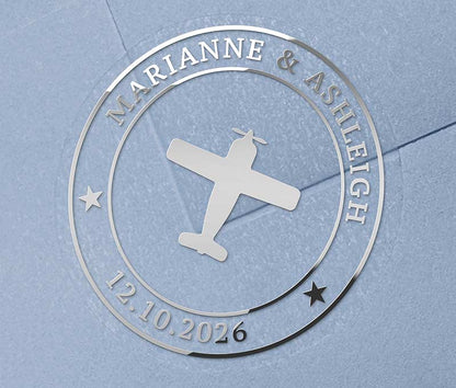 Personalizētas kāzu aplokšņu uzlīmes ar lidmašīnas attēlu