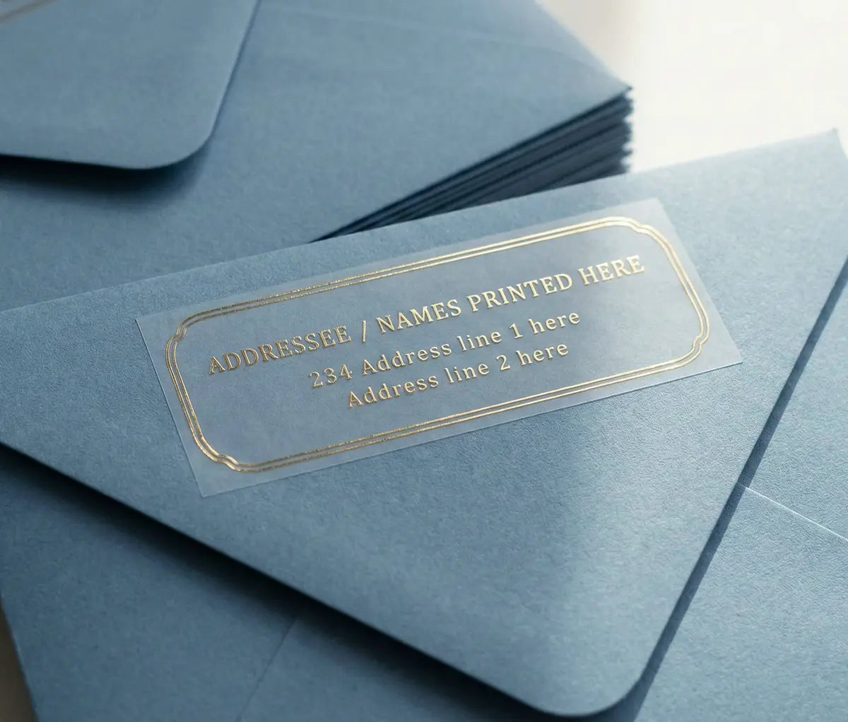 Slate Blue envelope with luxurious return address label printed in gold foil on clear matte vinyl.