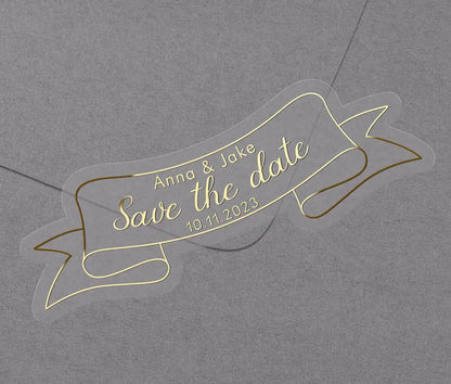 Ribbon shape save the date stickers with gold foil print
