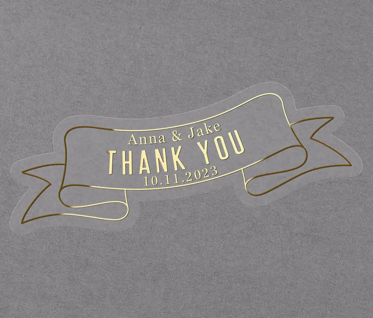 Clear gold foil printed thank you sticker in custom ribbon shape and personalized names