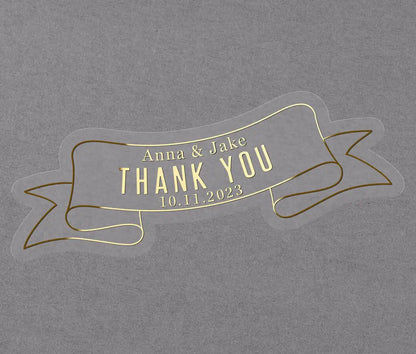 Clear gold foil printed thank you sticker in custom ribbon shape and personalized names