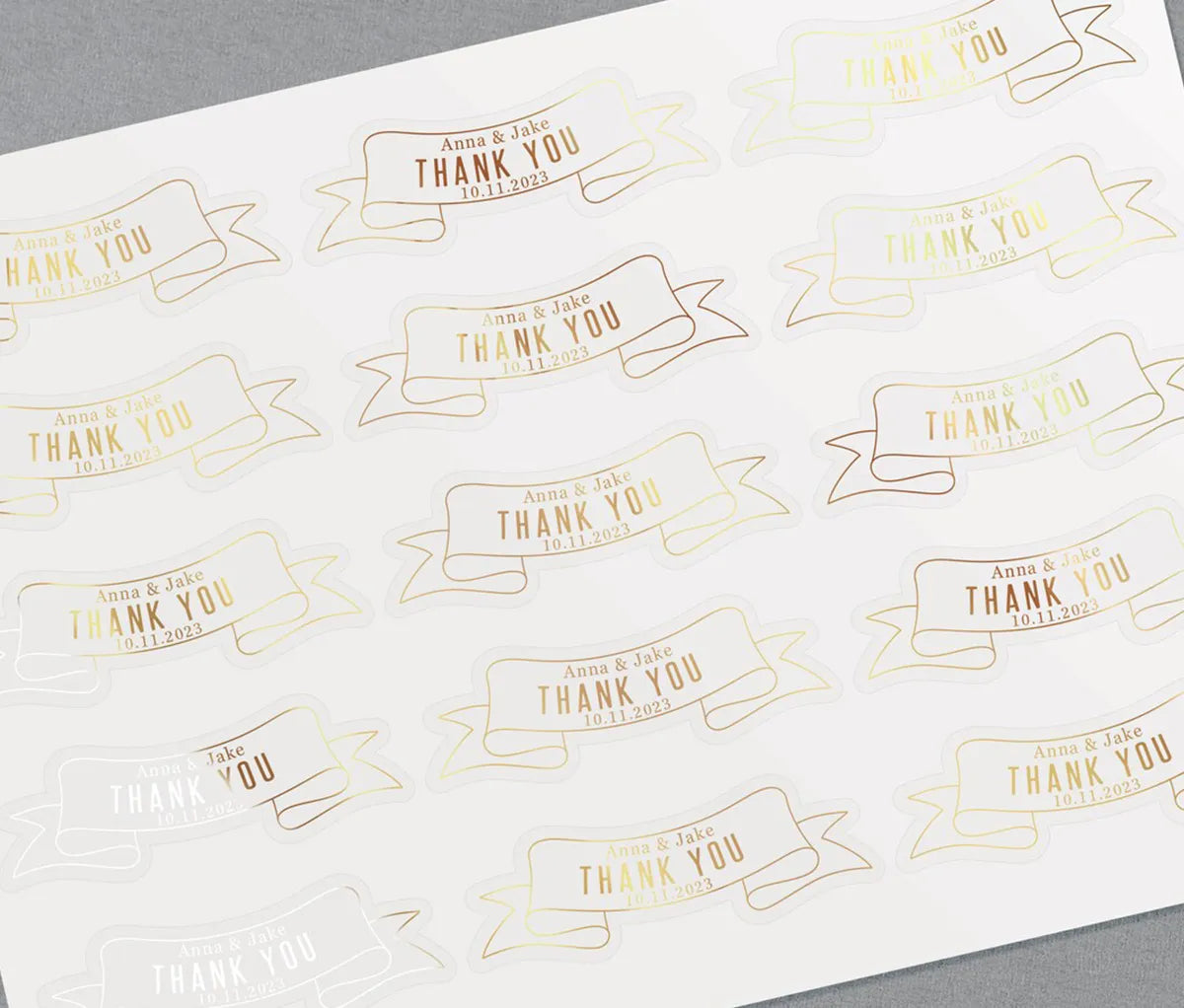 Clear gold foil printed thank you stickers in custom ribbon shape and personalized names
