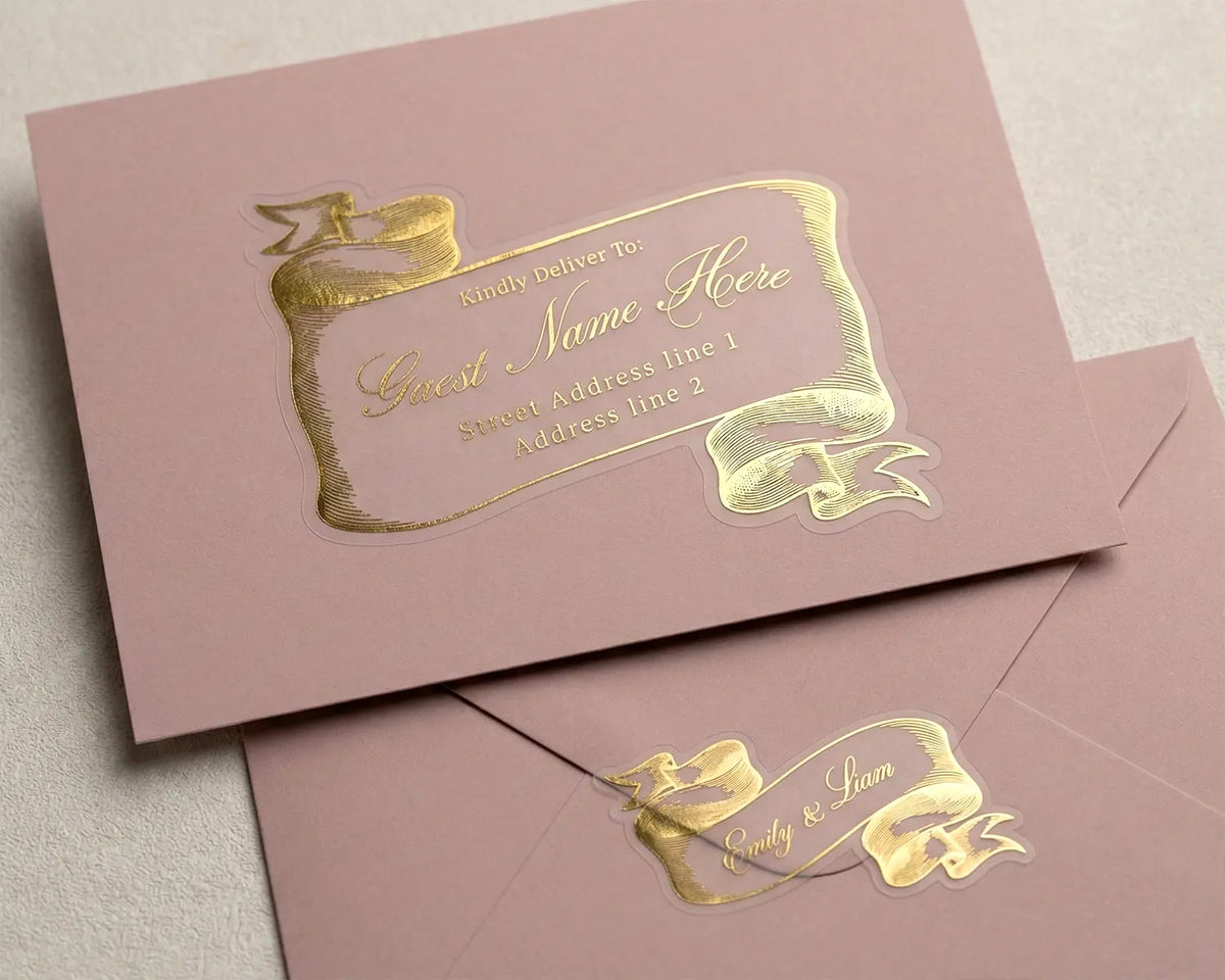 Pink wedding invitation envelope with gold ribbon design guest and return address labels.