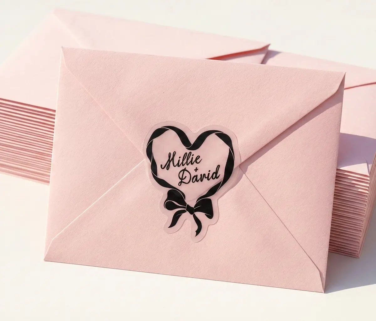 Coquette wedding stickers with personalised names, 28 pcs