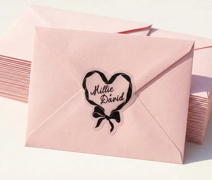 Coquette wedding stickers with personalised names, 28 pcs