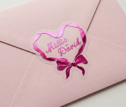 Coquette wedding stickers with personalised names, 28 pcs