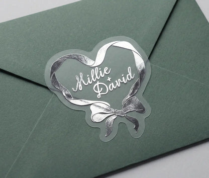 Coquette wedding stickers with personalised names, 28 pcs