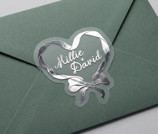 Coquette wedding stickers with personalised names, 28 pcs