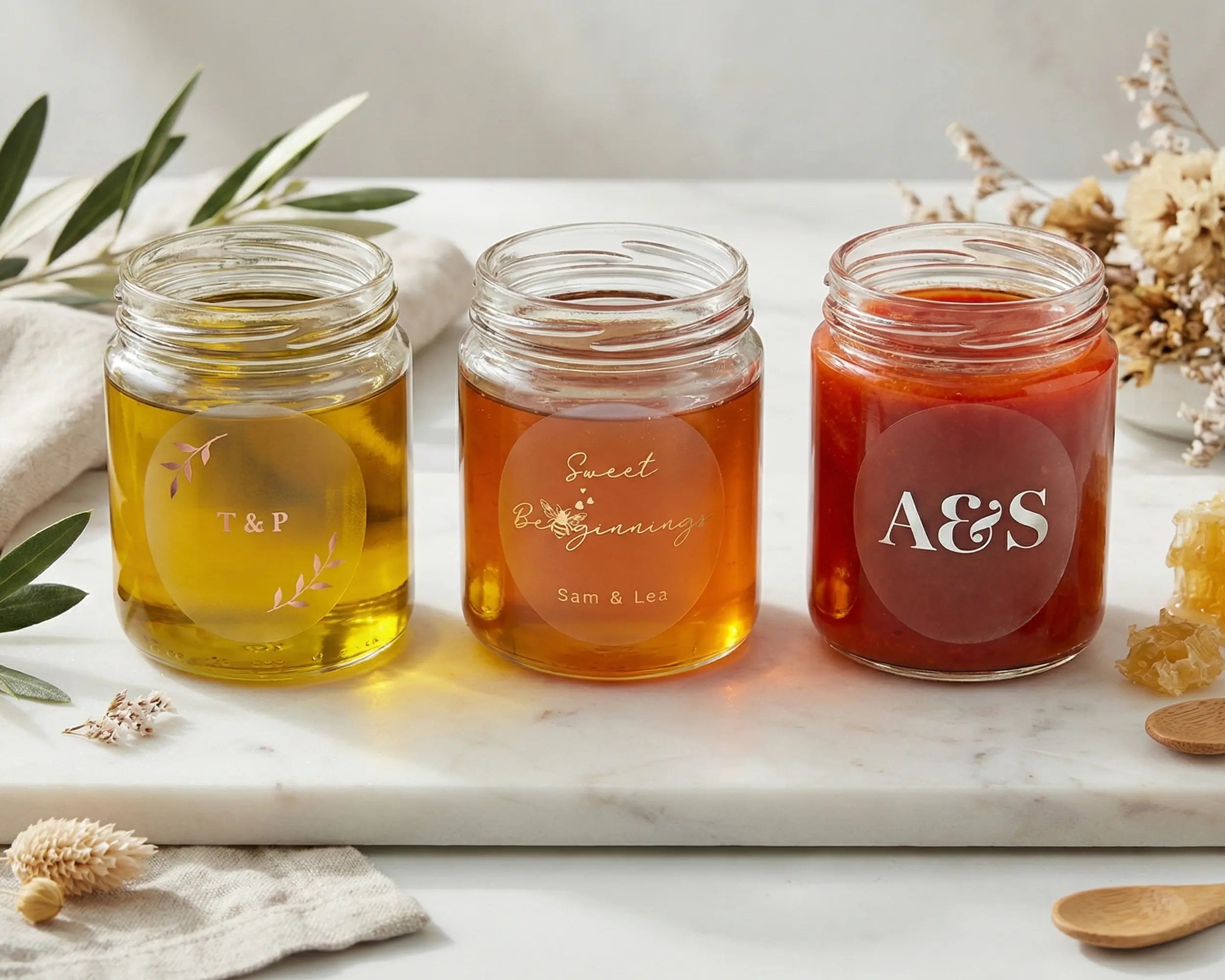 Three wedding favor jars with personalized labels on a marble surface.