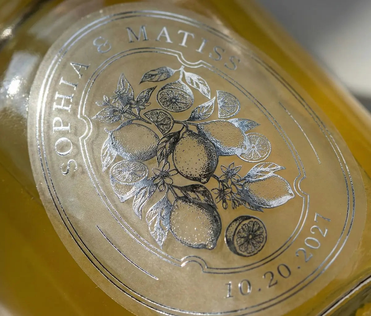 Limoncello Wedding Favor Labels - Frosted Oval Real Foil Stickers - gold, silver, rose gold