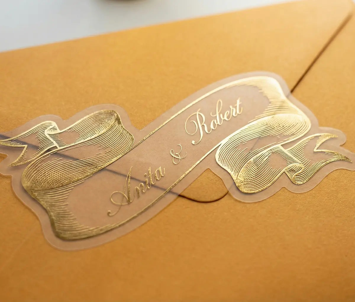 Wedding Envelope sticker printed in Gold Foil and cut in a ribbon shape.
