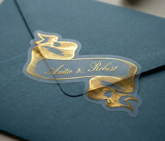 Blue envelope with vintage inspired ribbon design sticker, custom names printed in gold foil on transparent matte vinyl.