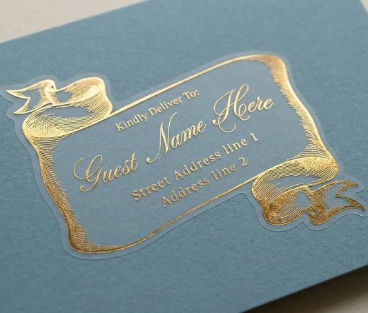 Gold guest address label on a blue envelope with bespoke vintage-style scroll design