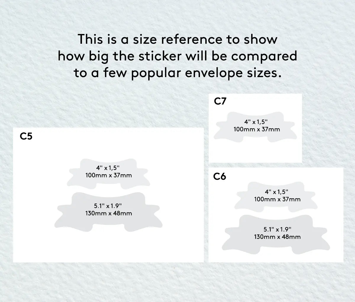 Size reference chart for a sticker showing how it compares to C5, C6, and C7 envelope sizes.