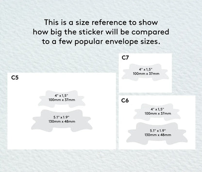 Size reference chart for a sticker showing how it compares to C5, C6, and C7 envelope sizes.